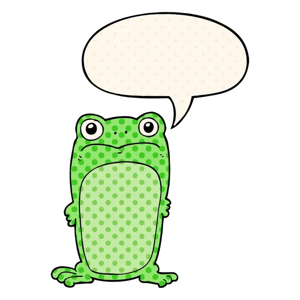 Cartoon staring frog and speech bubble in comic book style — Stock Vector