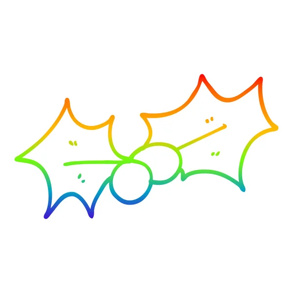 Arco iris gradiente línea dibujo dibujos animados Navidad acebo — Vector de stock