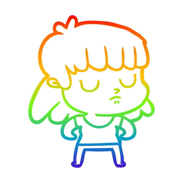 Rainbow gradient linje ritning tecknad likgiltig kvinna — Stock vektor