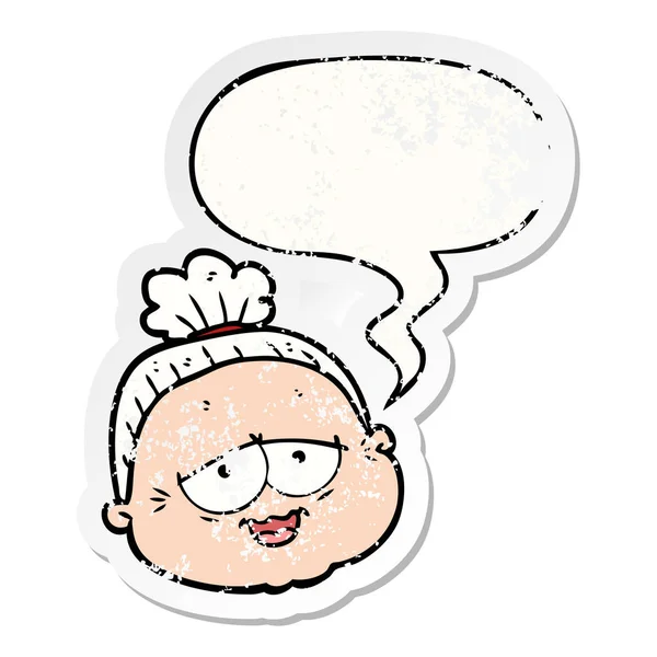 Cartoon oude dame en toespraak bubble noodlijdende sticker — Stockvector