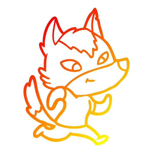 Línea de gradiente caliente dibujo amistoso lobo de dibujos animados — Vector de stock