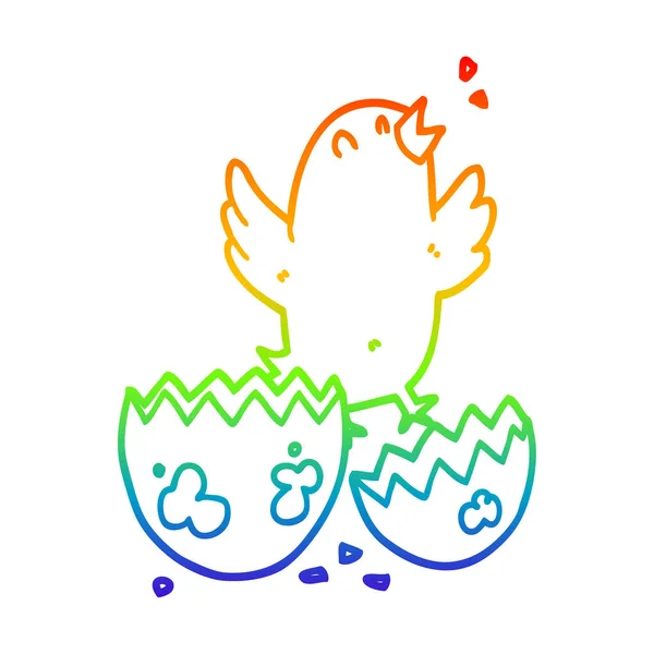 Rainbow gradient line drawing cartoon bird hatching from egg — Stock Vector