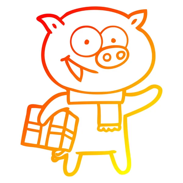 Warme Gradientenlinie zeichnet fröhliches Schwein mit Weihnachtsgeschenk — Stockvektor