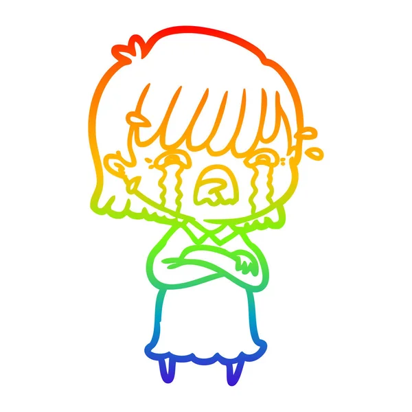 Rainbow gradient line drawing cartoon girl crying — Stock Vector