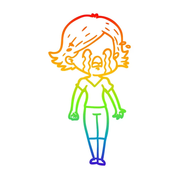 Rainbow gradient line drawing cartoon woman crying — Stock Vector