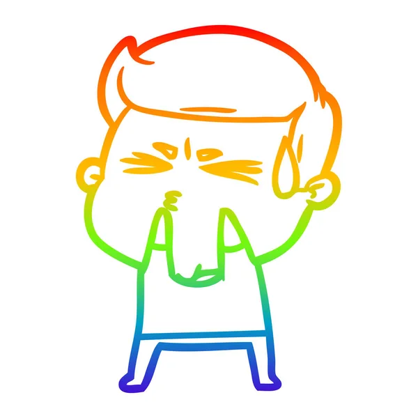 Rainbow gradient line drawing cartoon man sweating — Stock Vector