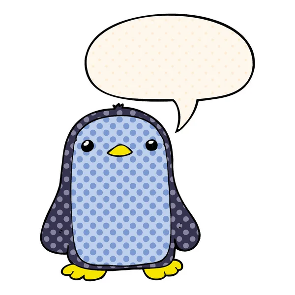 Lindo pingüino de dibujos animados y burbuja del habla en estilo de cómic — Vector de stock