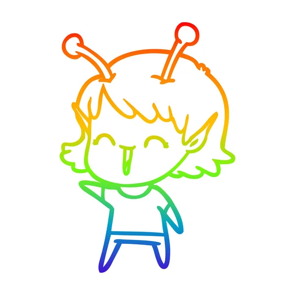 Rainbow gradient linje ritning tecknad Alien Girl Laughing — Stock vektor