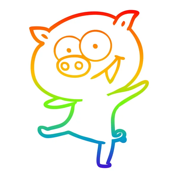 Rainbow gradient ligne dessin joyeux dansant porc dessin animé — Image vectorielle