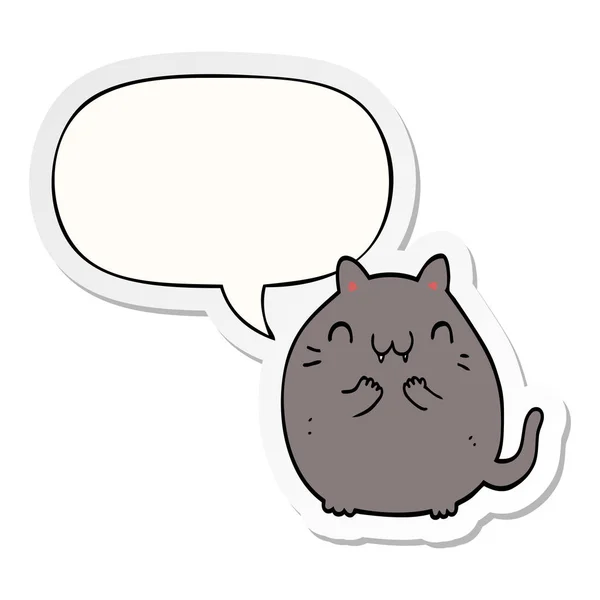 Happy cartoon cat and speech bubble sticker — Stock Vector