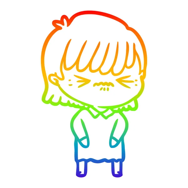 Regenboog gradiënt lijntekening geïrriteerd cartoon meisje — Stockvector