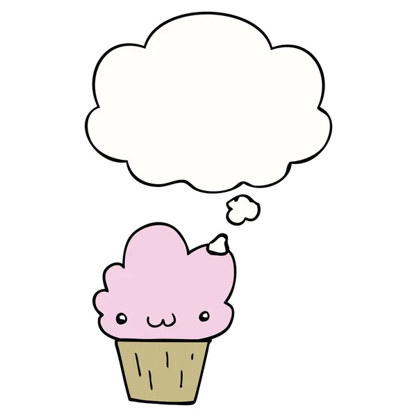 Cupcake dessin animé avec visage et bulle de pensée — Image vectorielle