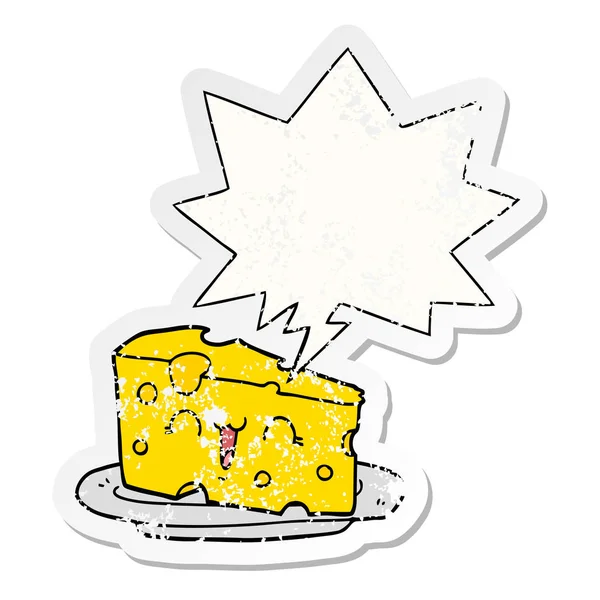 Lindo queso de dibujos animados y el habla burbuja angustiado etiqueta engomada — Vector de stock