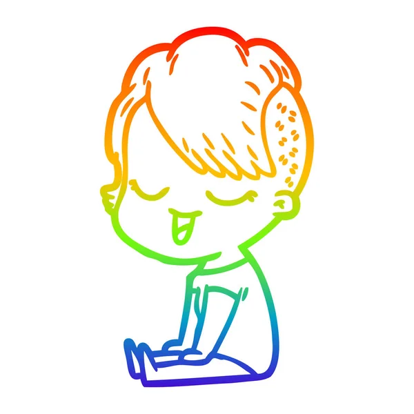 Regenboog gradiënt lijntekening gelukkig cartoon meisje — Stockvector