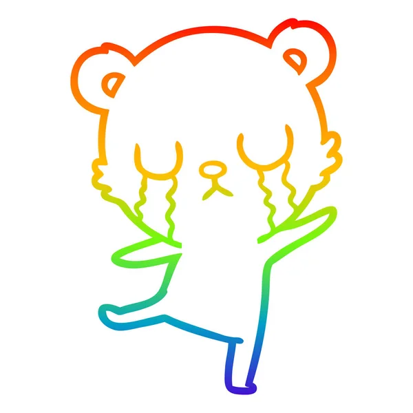 Arco iris gradiente línea dibujo llorando dibujos animados oso haciendo un triste da — Vector de stock