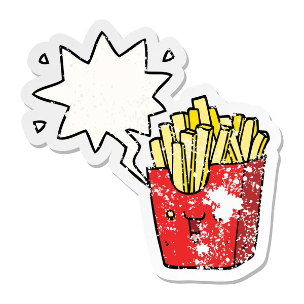 Niedlichen Cartoon-Box mit Pommes und Sprechblase notleidenden Aufkleber — Stockvektor