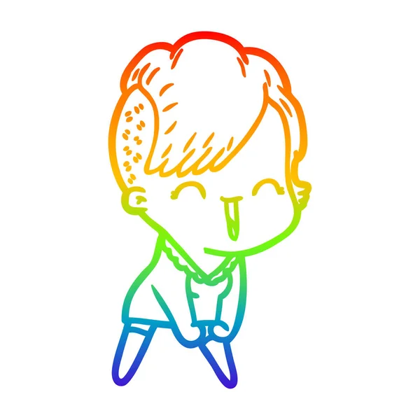 Arco iris gradiente línea dibujo dibujos animados feliz chica hipster — Archivo Imágenes Vectoriales