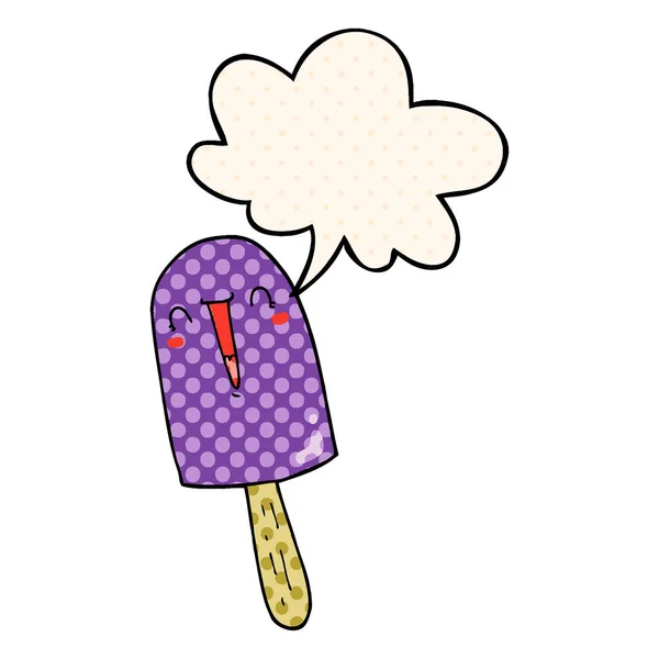 Cartoon Happy Ice lolly och pratbubbla i serietidning stil — Stock vektor