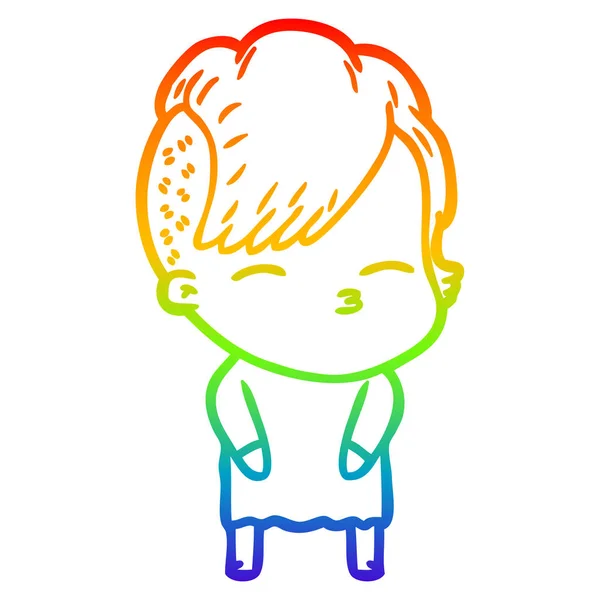Regenbogen-Gradienten-Linie Zeichnung Cartoon schielendes Mädchen — Stockvektor