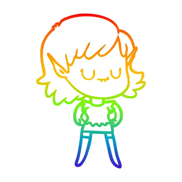虹のグラデーションラインは幸せな漫画エルフの女の子を描く — ストックベクタ