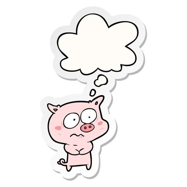 Cartoon nervous pig and thought bubble as a printed sticker — Stock Vector