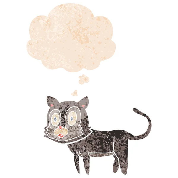 Feliz desenho animado gato e pensamento bolha no estilo retro texturizado — Vetor de Stock