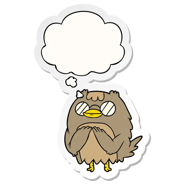 Cartoon wise old owl and thought bubble as a printed sticker — Stock Vector