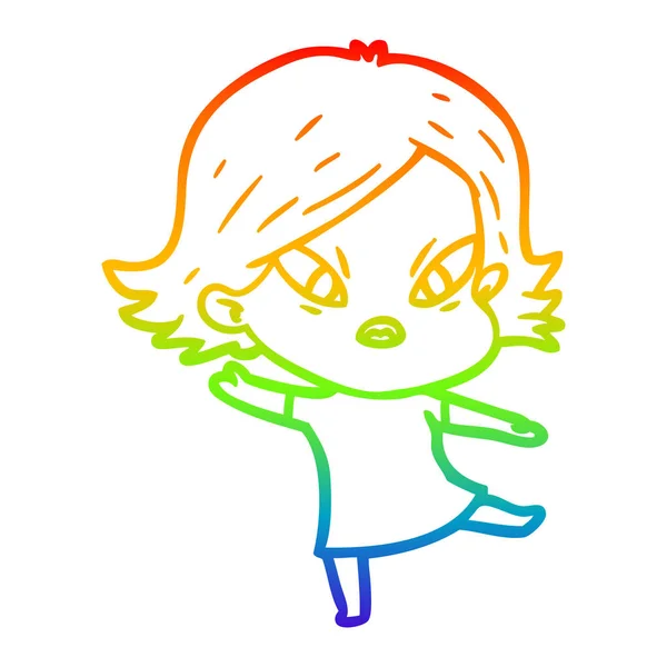 Rainbow gradient ligne dessin dessin animé femme stressée — Image vectorielle