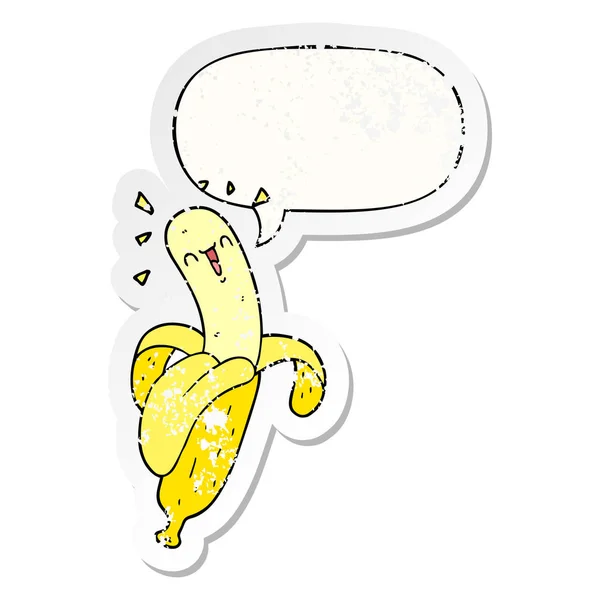 Cartoon banana and speech bubble distressed sticker — Stock Vector