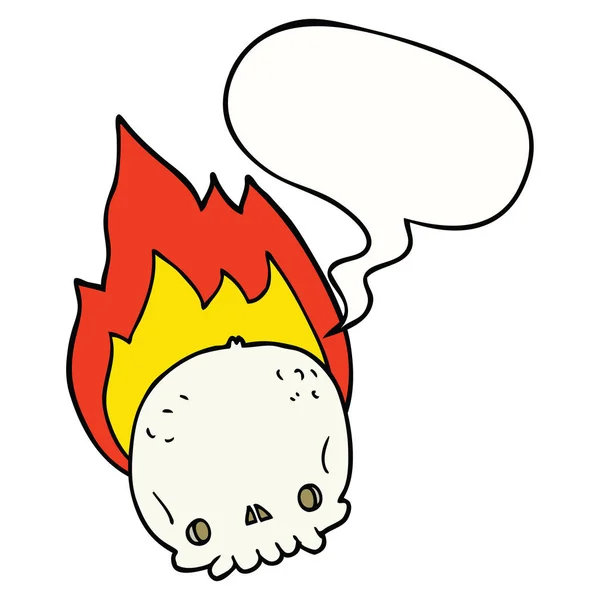 Assustador desenho animado crânio flamejante e bolha de fala — Vetor de Stock