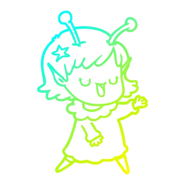 Kall gradient linje ritning lycklig Alien Girl Cartoon — Stock vektor