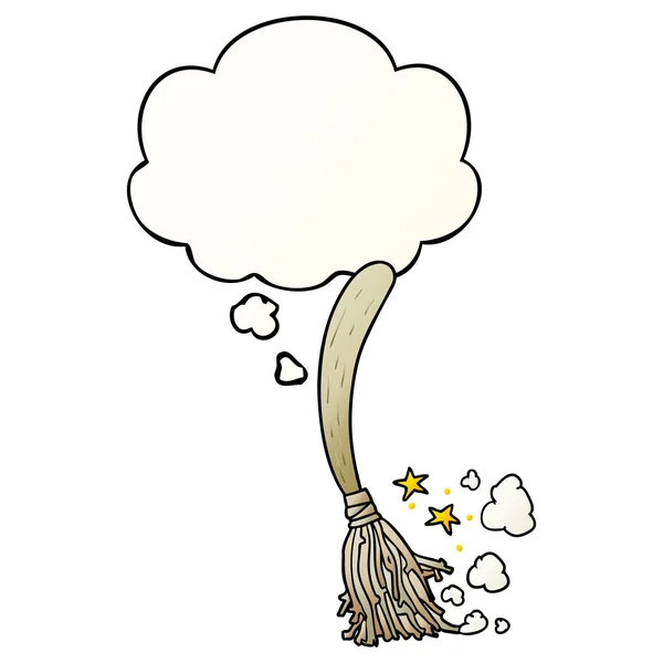 Karikatür sihirli süpürge ve pürüzsüz degrade tarzında düşünce balonu — Stok Vektör