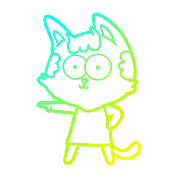 Frío gradiente línea dibujo feliz dibujos animados gato en vestido apuntando — Vector de stock