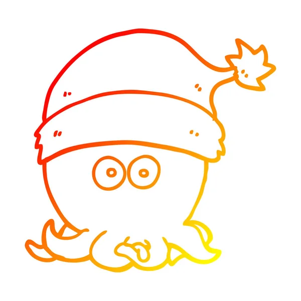 Warm gradient line drawing cartoon octopus wearing christmas hat — Stock Vector