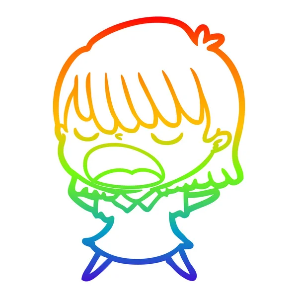 Rainbow Gradient Line Zeichnung Cartoon Frau spricht laut — Stockvektor