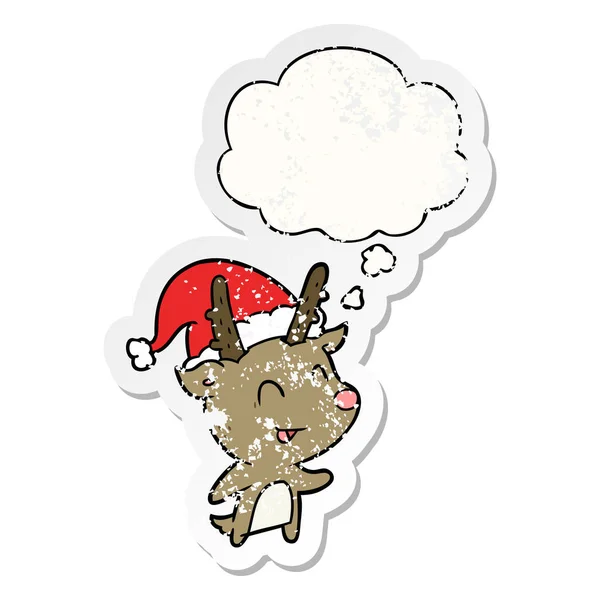 Cartoon christmas reindeer and thought bubble as a distressed wo — Stock Vector