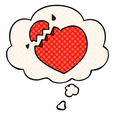 çizgi film kırık kalp ve çizgi roman tarzında kabarcık düşünce