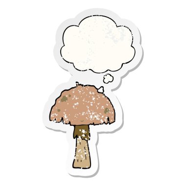 karikatür mantar ve sıkıntılı yıpranmış etiket olarak kabarcık düşünce