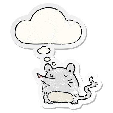 karikatür fare ve sıkıntılı yıpranmış etiket olarak kabarcık düşünce