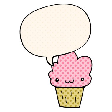 çizgi roman tarzında karikatür cupcake ve yüz ve konuşma balonu