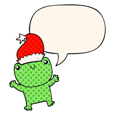 sevimli karikatür kurbağa com noel şapka ve konuşma balonu giyen