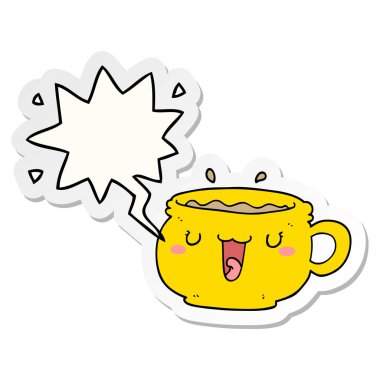 sevimli karikatür kahve fincanı ve konuşma kabarcık etiket