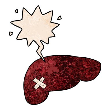 retro doku tarzında karikatür sağlıksız karaciğer ve konuşma balonu