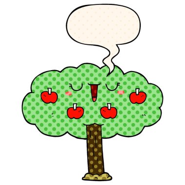 çizgi roman tarzında karikatür elma ağacı ve konuşma balonu