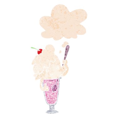 retro dokulu karikatür dondurma soda kız ve düşünce balonu
