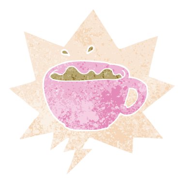 retro dokulu tarzda karikatür kahve fincanı ve konuşma balonu