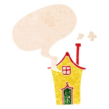 retro dokulu tarzda karikatür evi ve konuşma balonu