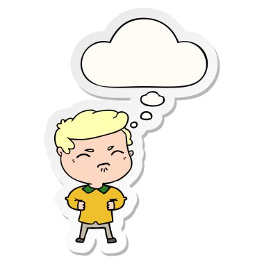 karikatür rahatsız adam ve basılı bir etiket olarak kabarcık düşünce