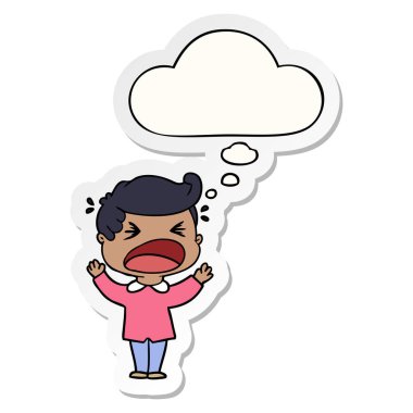 karikatür adam bağırarak ve basılı bir etiket olarak kabarcık düşünce