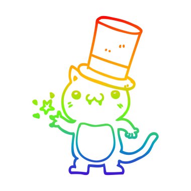 gökkuşağı degrade çizgi çizim karikatür kedi üst şapka giyiyor